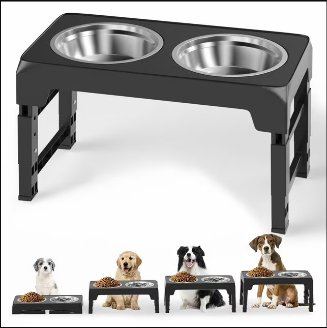 CSD01PDRB0000BKElevated Dog Bowls, 5 Adjustable Heights Raised Dog Bowl, Dog Bowl Stand with 2 Thick 42oz Stainless Steel Dog Food Bowls for Small Medium Large Dogs Cats, Black