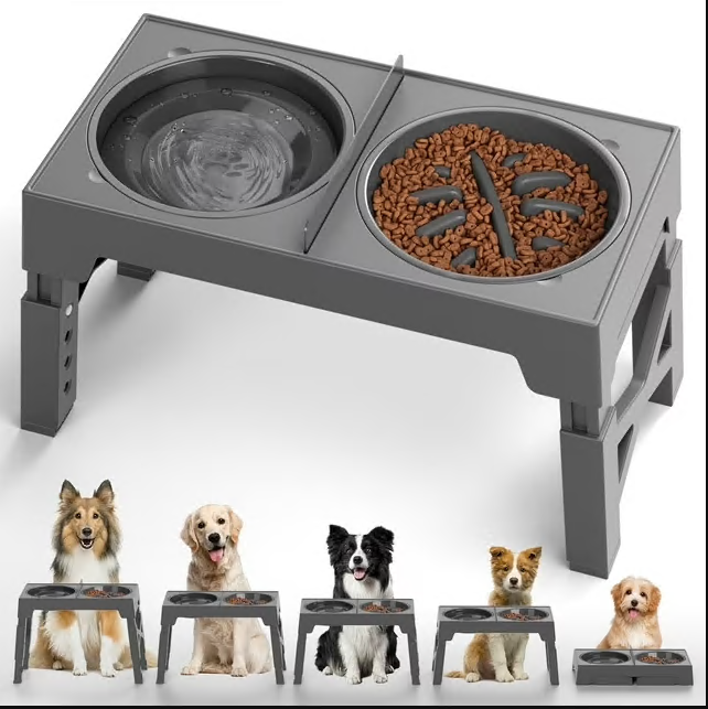 CSD03PDRB0000GY Visit the Cshidworld Store Elevated Dog Bowls, Raised Slow Feeder Dog Bowls with No Spill Dog Water Bowl Dispenser, 5 Heights Adjustable Raised Dog Bowls Stand for Small Medium Large Dogs Cats & Pets, Non-Slip Dog Feeder