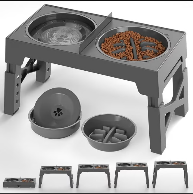 CSD04PDRB0000GY 2-in-1 Elevated Dog Bowls Slow Feeder, 5 Height Adjustable Raised Dog Bowl Stand No Spill Dog Water Bowl Dispenser, Anti-Slip Dog Food and Water Bowl for Small Medium Large Dogs, Cats and Pets