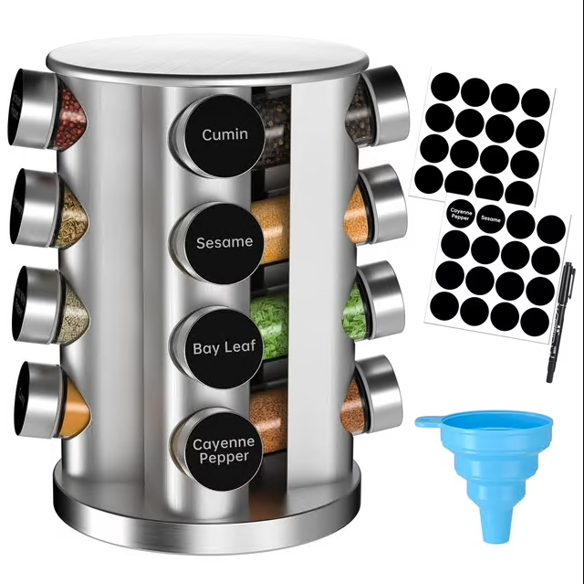 CSD01RSRO0000SR16 Jars Revolving Spice Rack Organizer, Seasoning Spice Rack for Countertop/Cabinet/Kitchen Storage, Rotating Stainless Steel Spice Tower Organizer with 32 Spice Labels, 1 Pen and 1 Funnel