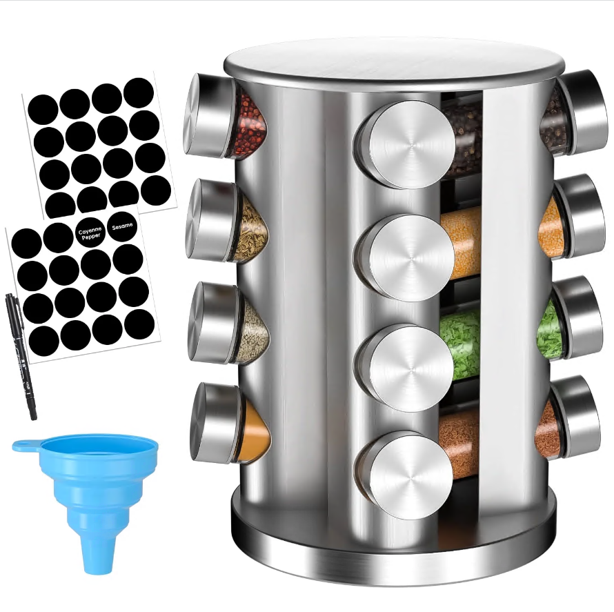 CSD02RSRO0000SR Rotating Spice Rack with 16 Seasoning Jars, Revolving Spice Organizer Stainless Steel for Countertop/Kitchen Storage, with Reusable Labels, Funnel and Pen Set