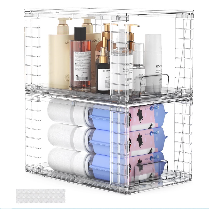 CSD02CSSD002PCSStackable Storage Drawers, Large 2 Pack, Easily Assemble Acrylic Bathroom Closet Undersink Organizers and Storage, Plastic Storage Bins for Kitchen Cabinets, Pantry, Makeup Organization