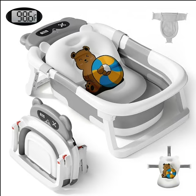 CSD01CBBT0000GY CshidWorld Collapsible Baby Bathtub, Baby Bath Tub with Soft Cushion+Baby Tub Sling & Thermometer, Baby Bathtub Newborn to Toddler 0-36 Months, Portable Travel Baby Tub, Gray