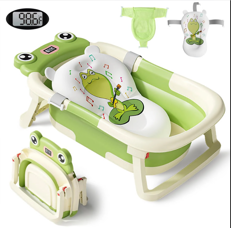 CSD01CBBT0000GN CshidWorld Collapsible Baby Bathtub, Baby Bath Tub with Soft Cushion+Baby Tub Sling & Thermometer, Baby Bathtub Newborn to Toddler 0-36 Months, Portable Travel Baby Tub, Green