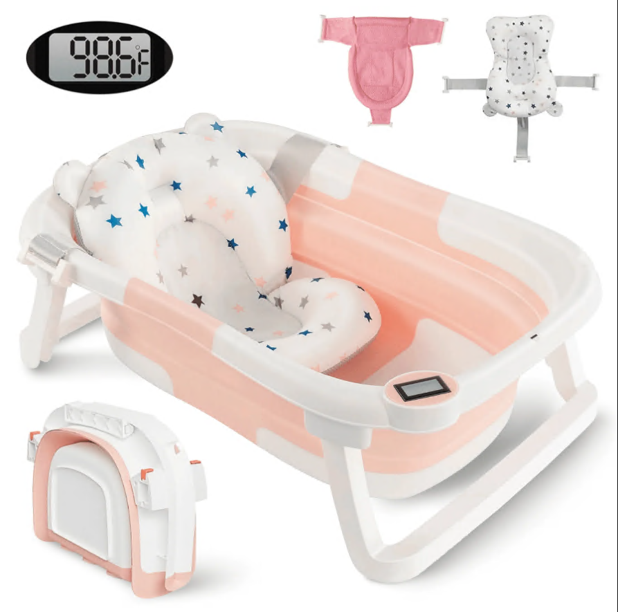 CSD01CBBT0000PK CshidWorld Collapsible Baby Bathtub, Baby Bath Tub with Soft Cushion+Baby Tub Sling & Thermometer, Baby Bathtub Newborn to Toddler 0-36 Months, Portable Travel Baby Tub, Pink