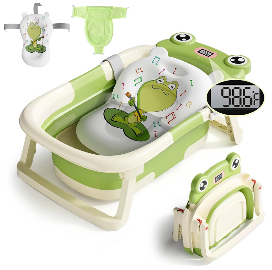CSD02CBBT0000GN Baby Bathtub, Collapsible Newborn Bathtub for Infant to Toddler 0-36 Months with Soft Cushion+Baby Tub Sling and Thermometer, Portable Travel Bathtub, Foldable Infant Bathtub with No-Slip Feet, Green