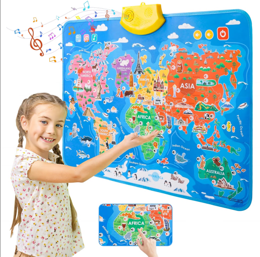CSD01IELC0000BU Interactive World Map for Kids Learning and Educational Toys, Talking Electronic Kids World Map Poster, Geography Electronic Games Ages 3 to 12 Years Old, Custom Talking Gifts for Boys & Girls