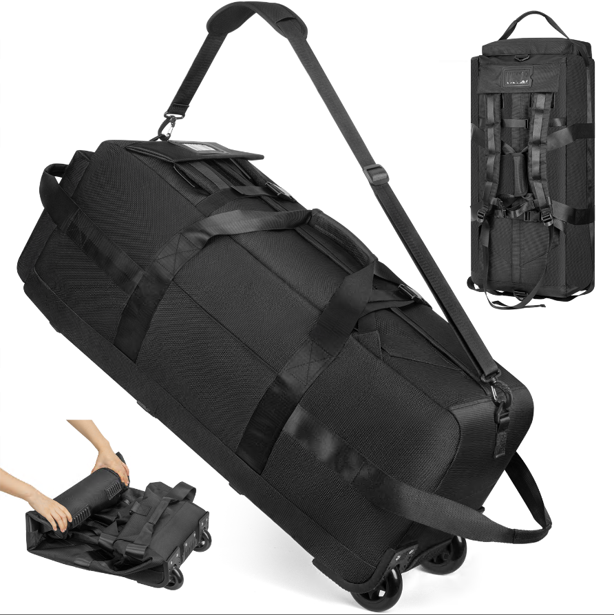 CSD02RDBW090LBK 90L Extral Large Collapsible Rolling Duffel Bag for Travel, Black