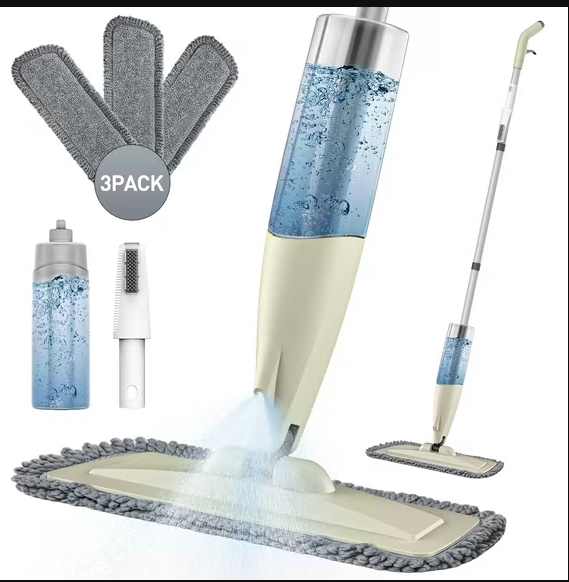 CSD15SMFF0000GY Mop for Floor Cleaning, Spray Mop with 22 oz Refillable Bottle & 3pcs Reusable Washable Pads - Wet Dry Microfiber Floor Mop Home or Commercial Use for Hardwood, Laminate Ceramic Tiles Floor, Beige