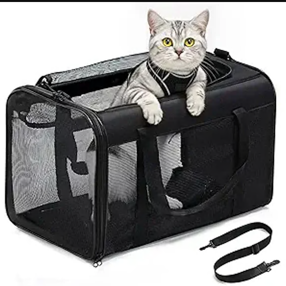 CSD01BPBC0626BK CshidWorld Collapsible Cat Carrier Pet Carrier for Large Cats (up to 25lbs), TSA Airline Approved Cats Carrier Soft Sided, Small Dog Travel Bag with a Bowl/Safety Leash-Black