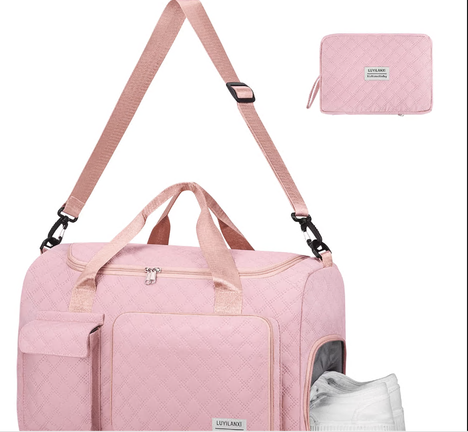 CSD01TDGB1808PNK Travel Duffle Bag for Women Men, Foldable Weekender Bags Carry on Gym Bag with Wet Pocket/Adjustable Strap/Shoe Compartment, Waterproof Overnight Tote Bag for Plane Sports Dance, Pink
