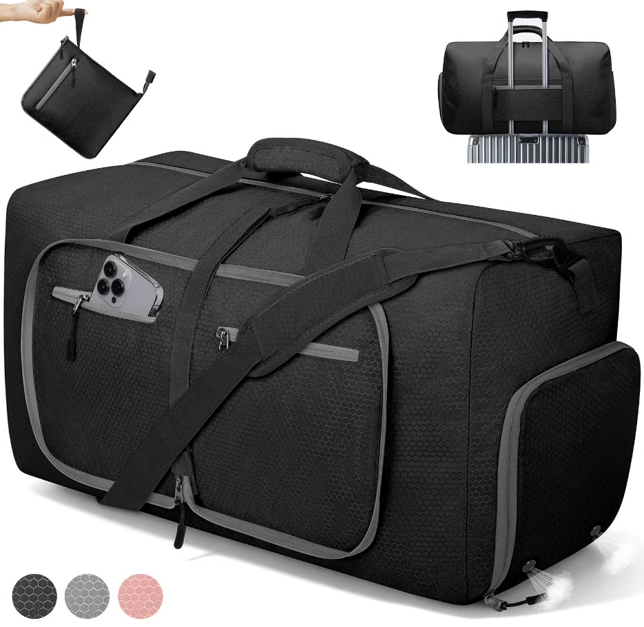 CSD01DBFB65L000BK 65L Large Duffle Bag for Travel - Foldable Men Women Duffel Bag with Shoes Compartment - Gym Overnight Bags Waterproof & Tear Resistant(Black)