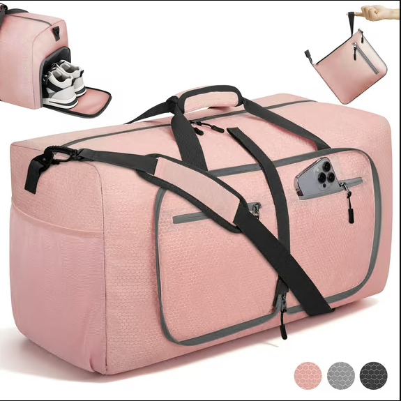 CSD01DBFB65L000PK 65L Large Duffle Bag for Travel - Foldable Men Women Duffel Bag with Shoes Compartment - Gym Overnight Bags Waterproof & Tear Resistant(Pink)
