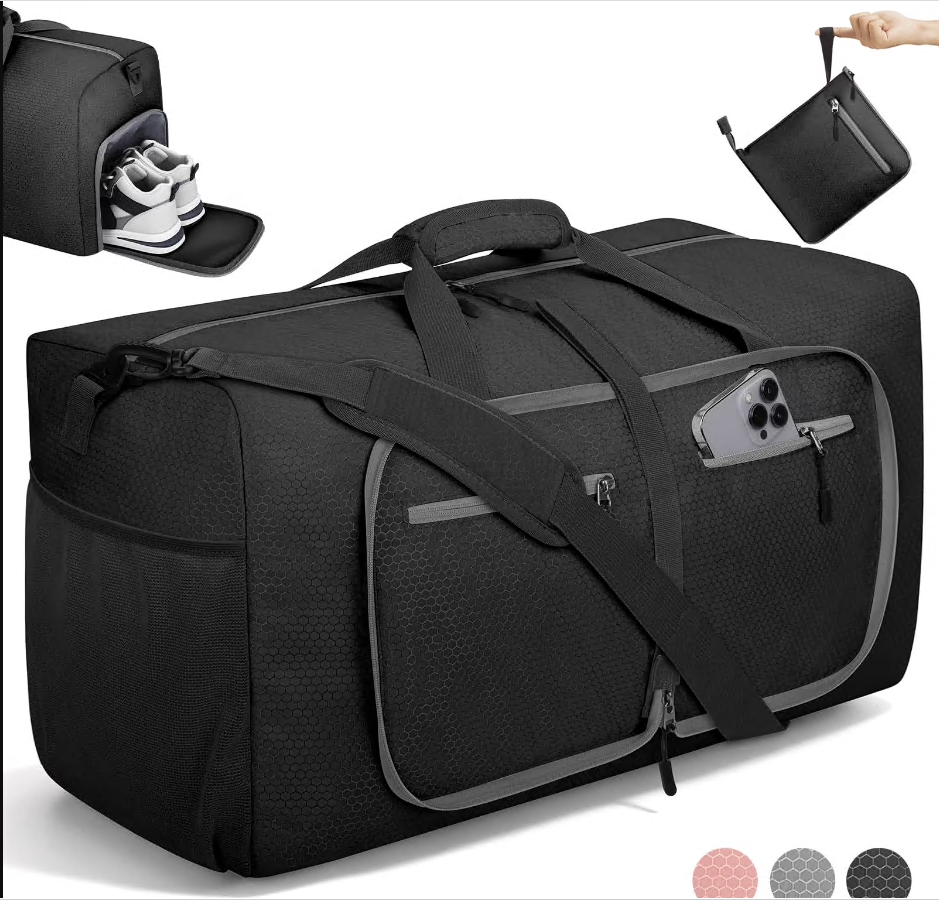 CSD02DBFB65L000BK 65L Large Durable Duffle Bag for Travel & Gym, Waterproof Tear-Resistant Duffel Bag with Shoes Compartment, Foldable Travel Bag for Men & Women (Black)