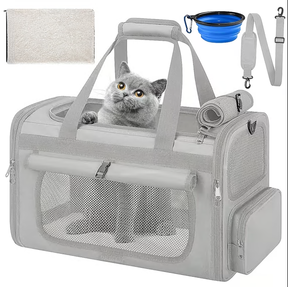 CSD01PCBC0000GY CshidWorld Collapsible Cat Carrier Pet Carrier for Large Cats (up to 25lbs), TSA Airline Approved Cats Carrier Soft Sided, Small Dog Travel Bag with a Bowl/Safety Leash-Gray