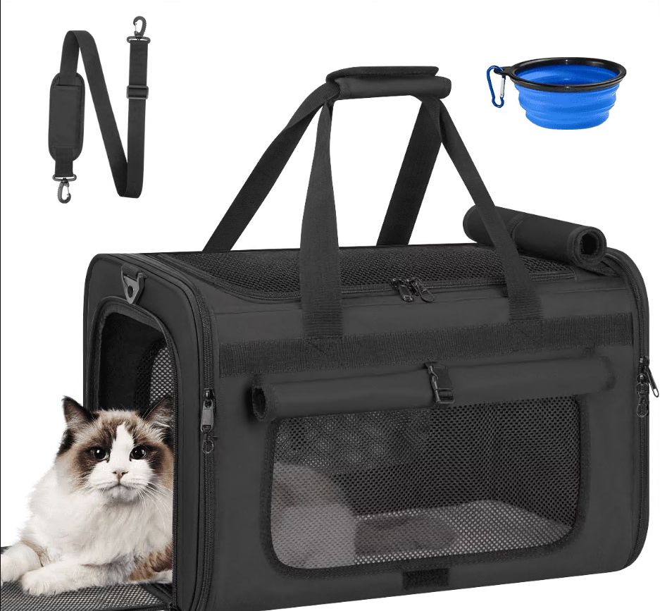 CSD01BPBC0626BK CshidWorld Collapsible Cat Carrier Pet Carrier for Large Cats (up to 25lbs), TSA Airline Approved Cats Carrier Soft Sided, Small Dog Travel Bag with a Bowl/Safety Leash-Black