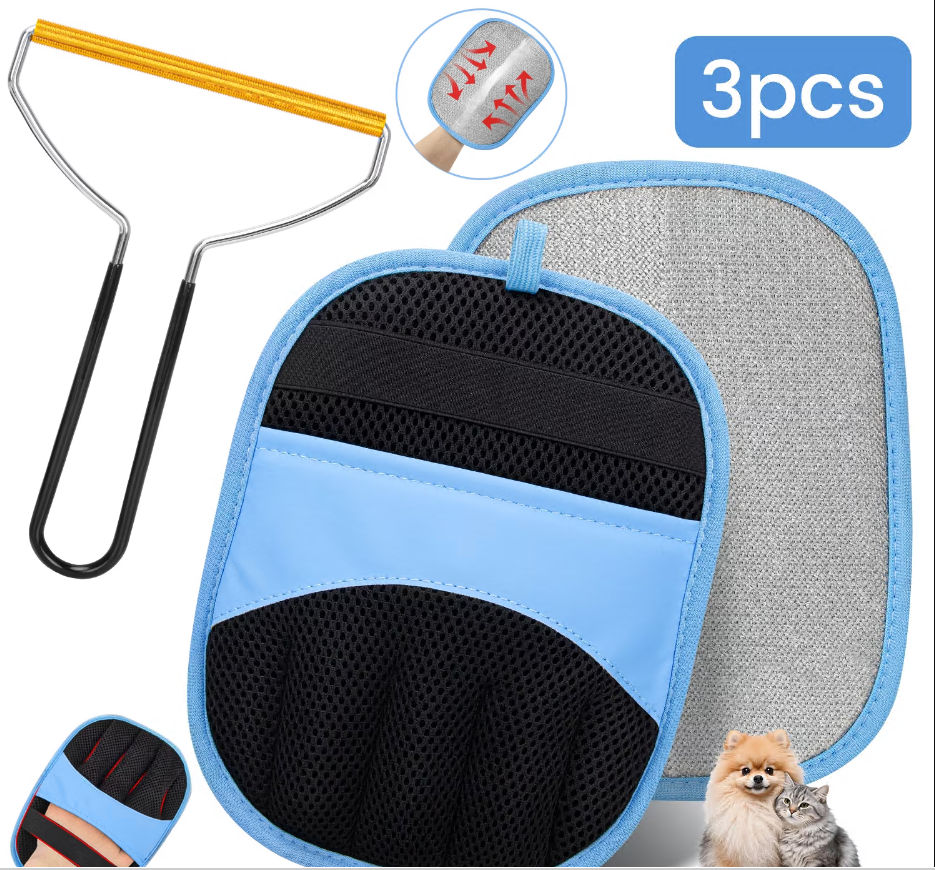 CSD01PHRG2PCSBU 3Pcs Pet Hair Removal Glove – Upgraded Five-Finger Design, Reusable Electrostatic Dog & Cat Hair Remover for Furniture, Couch, Carpet and Laundry