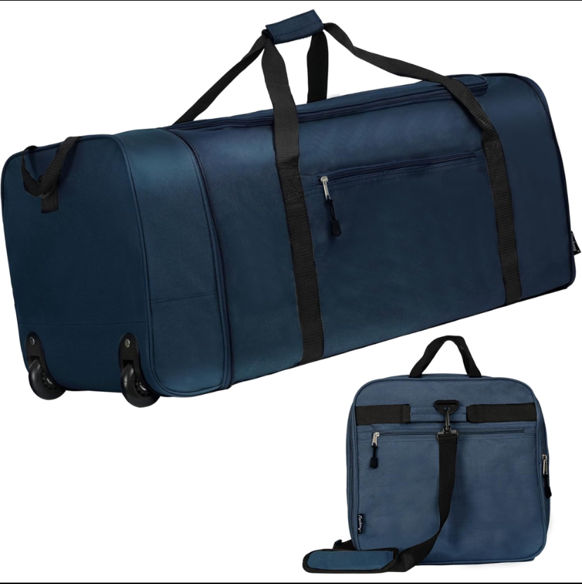 CSD01DBWR090LBU90L Foldable Rolling Duffel Bag with 2 Wheels, Light Weight Travel Duffel bag with Large Loading Capacity, 34 inch Rolling Duffel bag with Shoulder Strap for Travel Camping Sports, Dark Blue