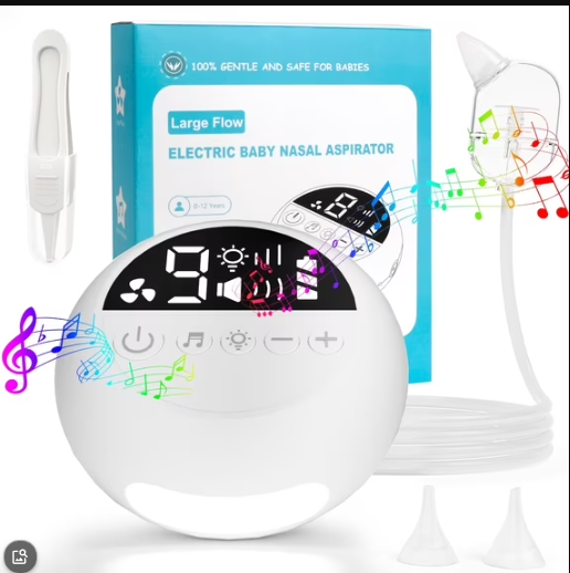 Baby Nasal Aspirator, Nose Booger Sucker for Baby with 9 Levels & 70 KPa Strong Suctions, Electric Nose Cleaner for Toddler & Newborn, 3 Level Soothe Light & 10 Lullabies, 3 BPA Free Silicone Tips