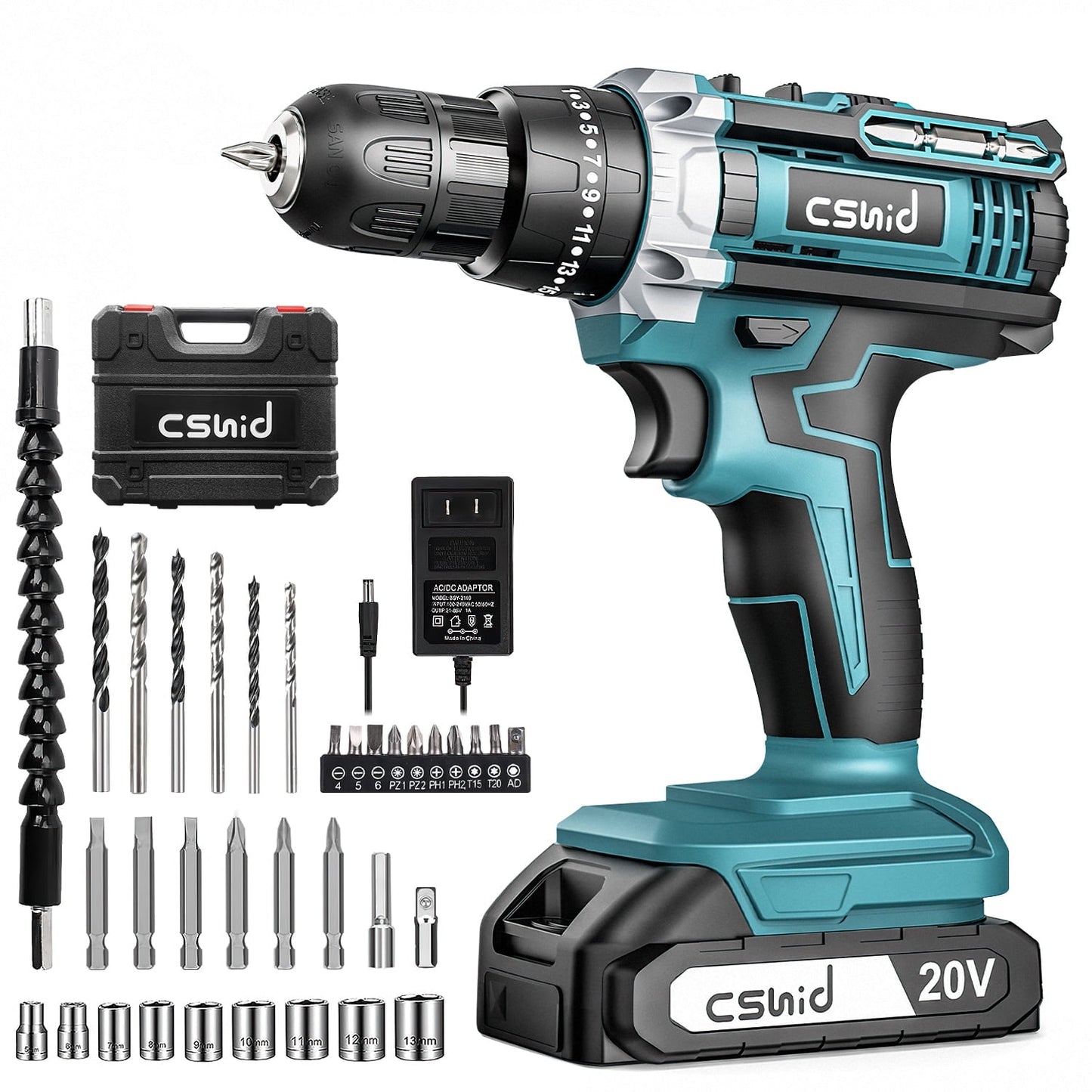 CSD02CEDS0000BU 20V Cordless Drill, Electric Power Drill Set with 1 Battery & Charger, 3/8" Keyless Chuck, 2 Variable Speed & LED Light, 266 in-lb Torque, 25+1 Position and 34pcs Drill/Driver Bits