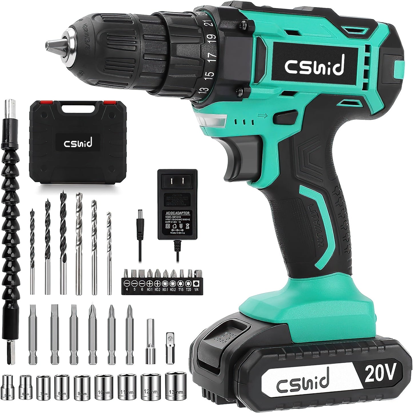 CSD02CEDS0000GN 20V Cordless Drill, Electric Power Drill Set with 1 Battery & Charger, 3/8" Keyless Chuck, 2 Variable Speed & LED Light, 266 in-lb Torque, 25+1 Position and 34pcs Drill/Driver Bits
