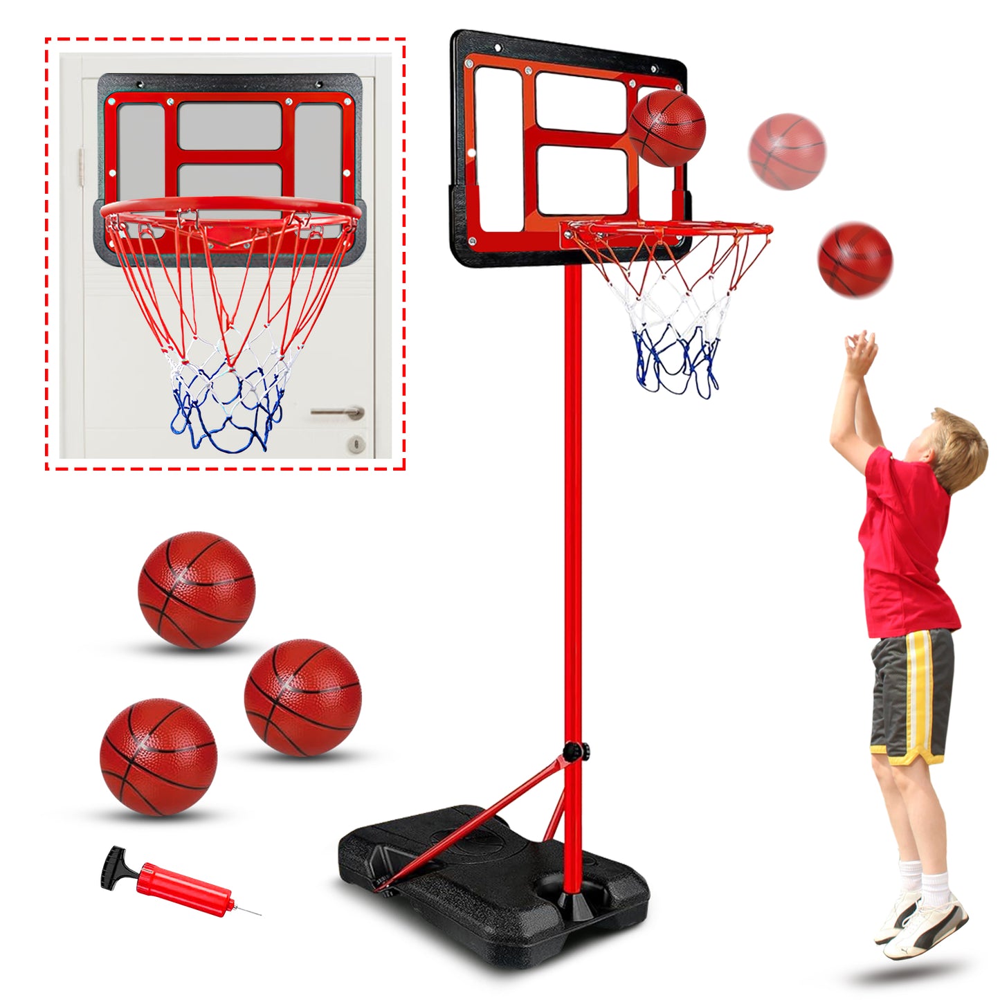 CSD02BHFK0270RD Outdoor Basketball Hoop Stand, Adjustable Height 4.92FT-8.86FT, 2 In 1 Portable Basketball Hoop Goal System for Kids Youth and Adults in Backyard/Driveway/Indoor, Fillable Base, 3 Balls