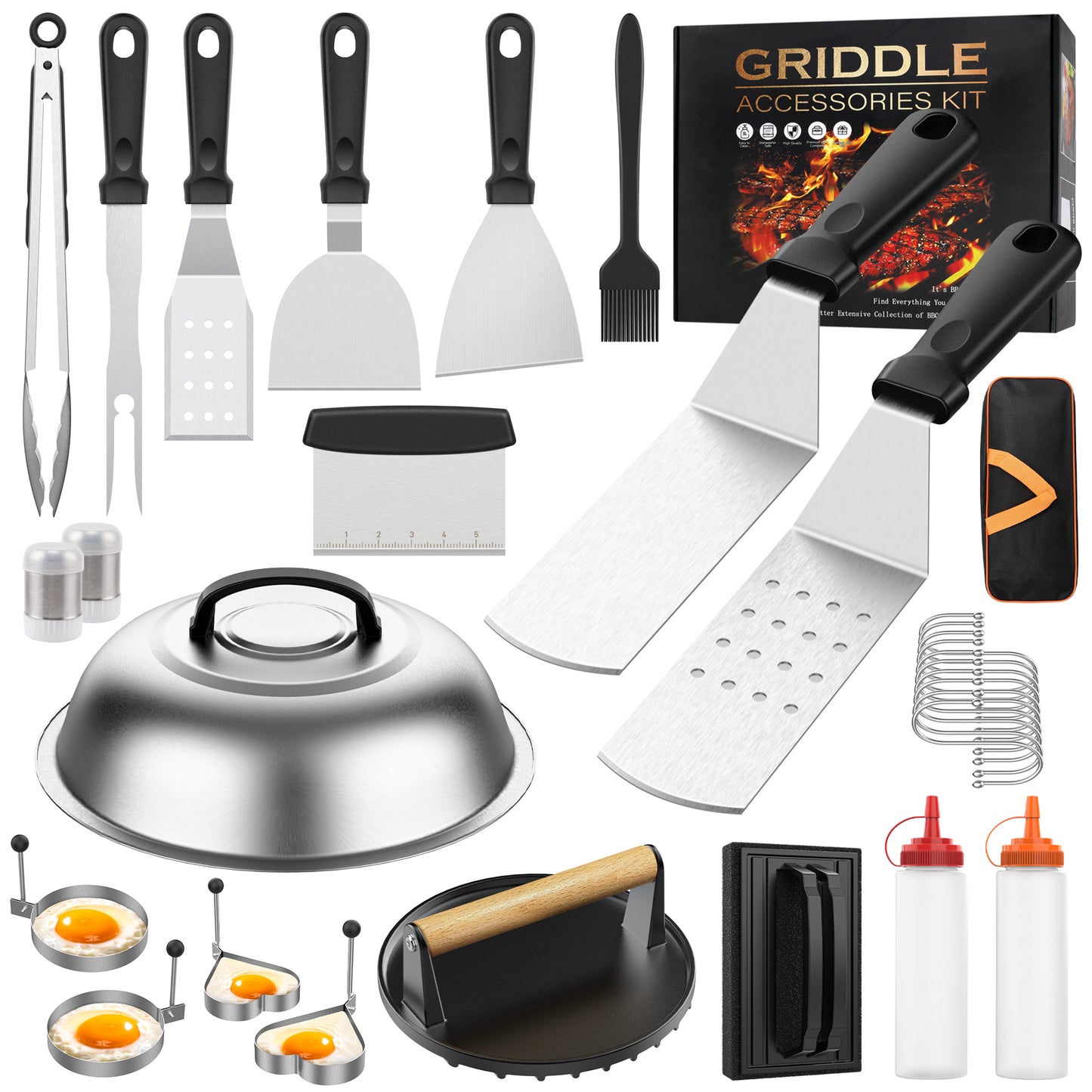 CSD02BBQT0028BL 30PCS Griddle Accessories Kit, Flat Top BBQ Grill Tools Set for Blackstone and Camp Chef, Grill Spatula Set with Enlarged Spatulas, Basting Cover, Scraper for Outdoor Barbecue