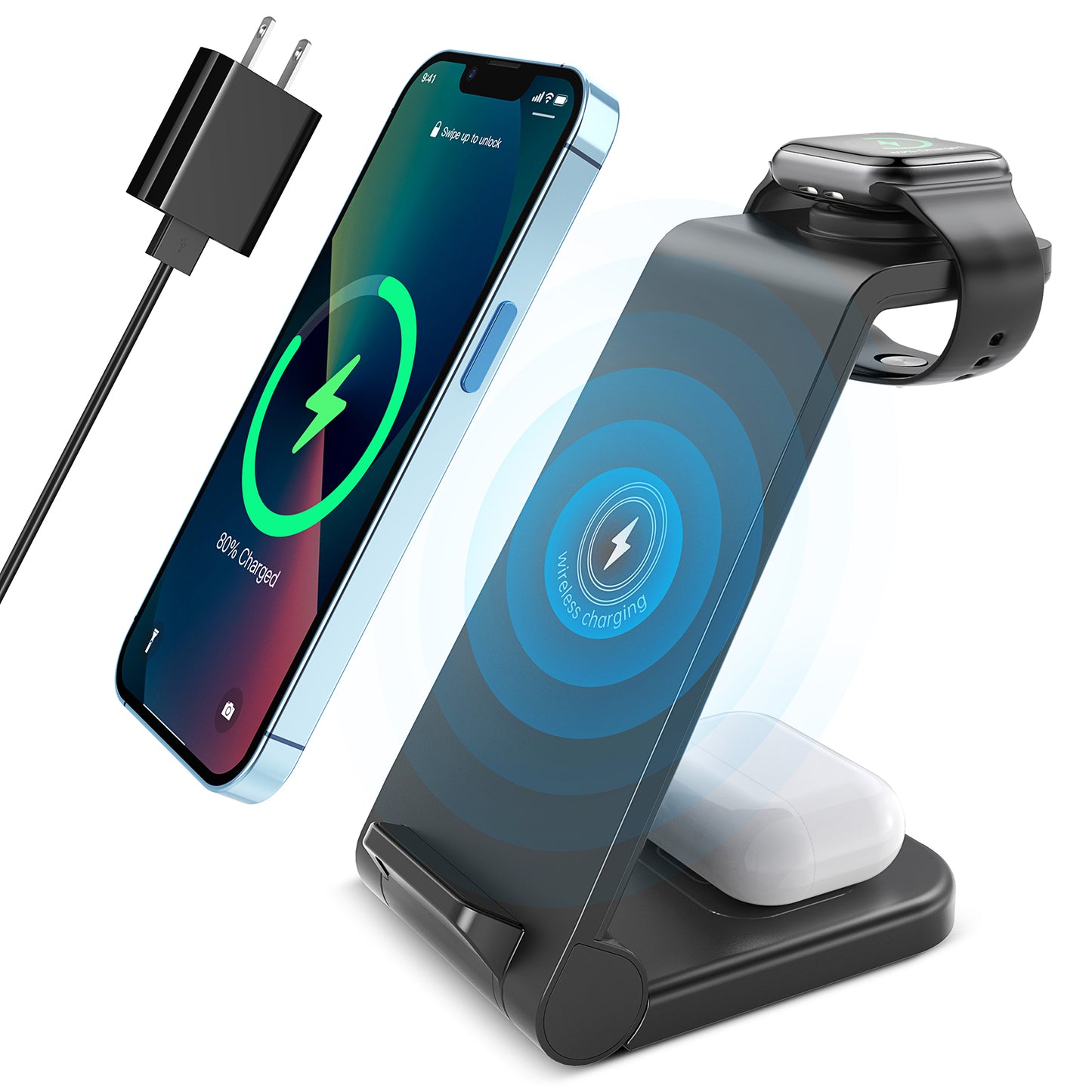 CSD04WLCGWX38BL Wireless Charger Station, 23W Fast Wireless Charging Stand for iPhone 16/15/14/13/13 Pro/ 12/12 Pro/11/XS Max/XR/X/Galaxy S25 S24 S23 S10, Chargings Station for AirPods 4/3/2/Pro, iWatch Serie