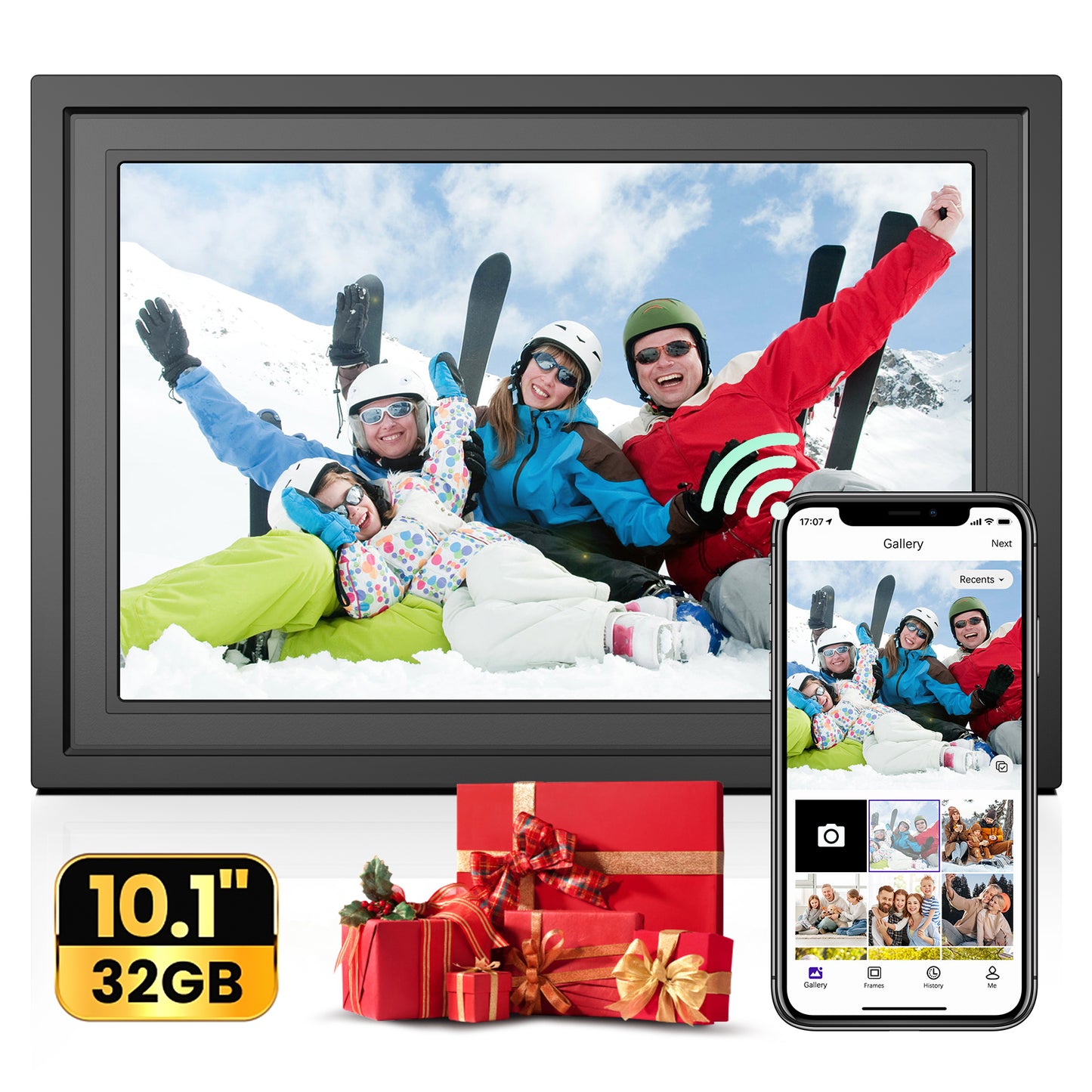CSD02DPFM0000BL WiFi Digital Picture Frame, 10.1" 1080P IPS Touch Screen Digital Photo Frame w/ 32GB Memory, Support 64G TF Card, Auto-Rotate, Wall Mountable, Send Photos/Videos Instantly from Anywhere via Uhale App