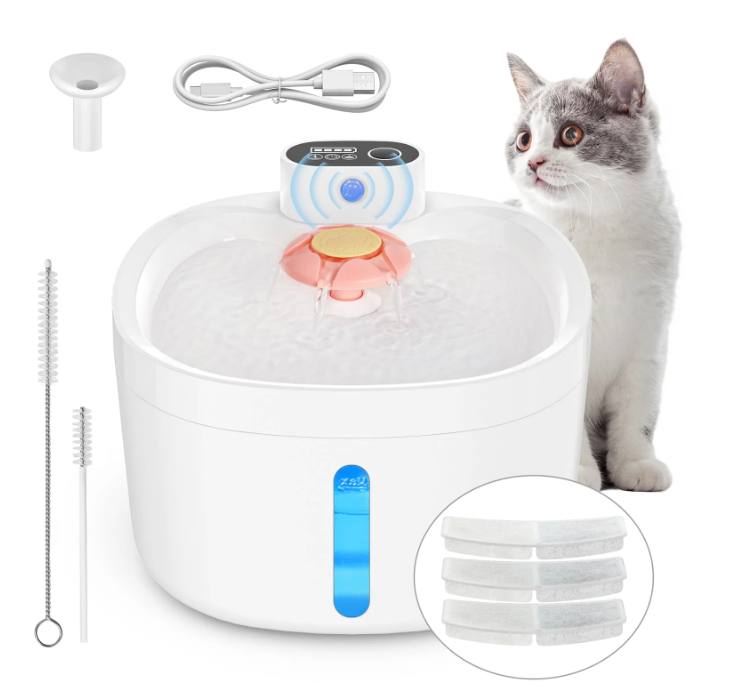 CSD04WPCF000C6WH Wireless Cat Water Fountain, 89oz/2.6L Battery Operated Automatic Water Dispenser, Pet Water Fountain for Cats and Dog with Motion Sensor/3 Work Modes, Ultra Quiet Cat Drinking Fountain with 3 Filters