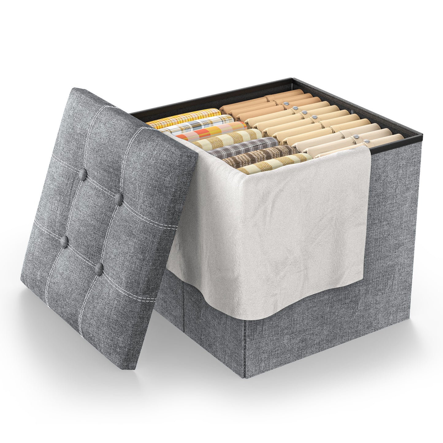CSD02SROM0000GY 40L Storage Ottoman, Foot Rest Stool, 15 inch Folding Footstool Bench with Storage, Short Gray Ottoman Stool, Storage Foot Rest to Store Books Clothes Toys