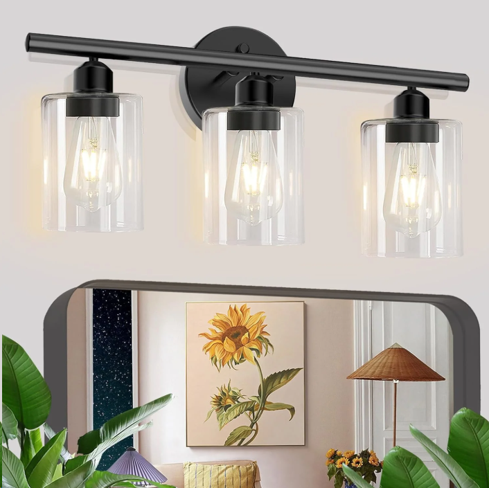 3-Light Black Dimmable Vanity Light with Clear Glass Shade