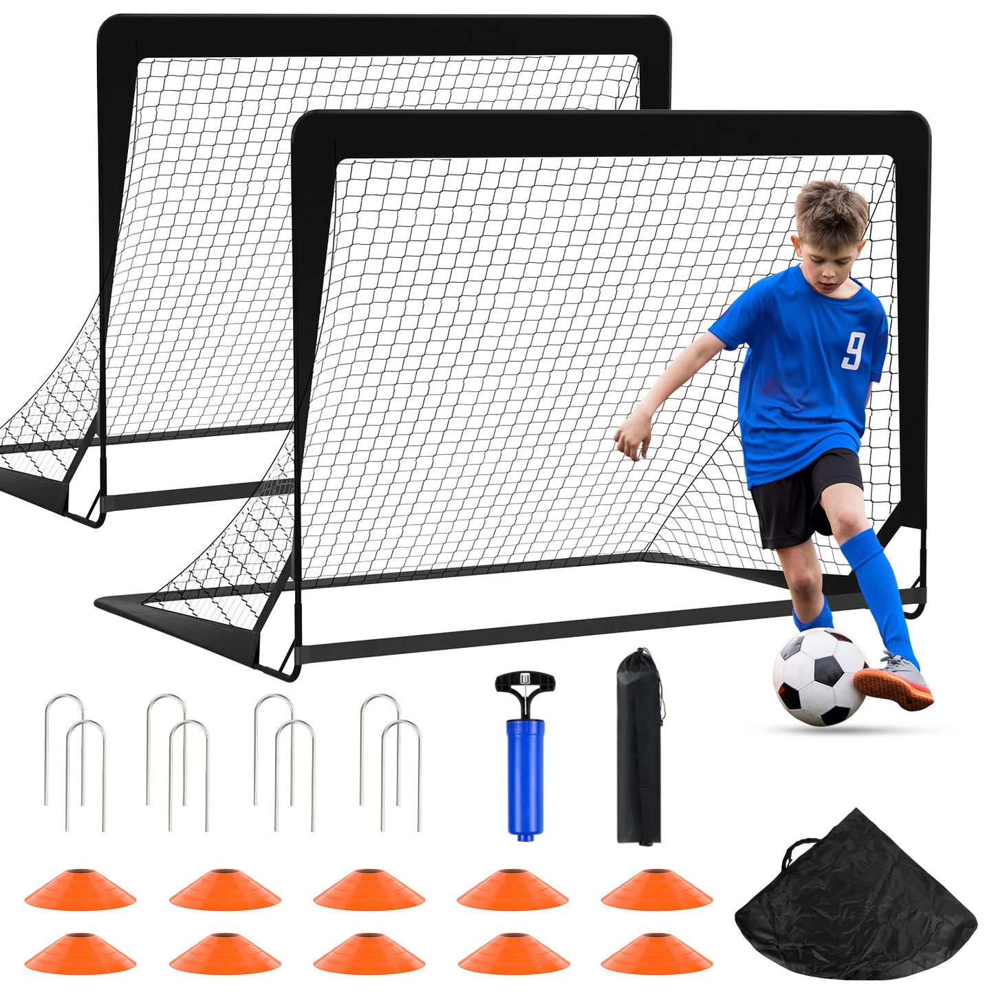 CSD02SCGL0002BL 2 Pack 4 x 3FT Kid Soccer Goals for Backyard, Portable Pop Up Soccer Goal Training Equipment with Soccer Ball and 10 Cones,Indoor and Outdoor Soccer Nets for Kids Youth Toddler Sports Games