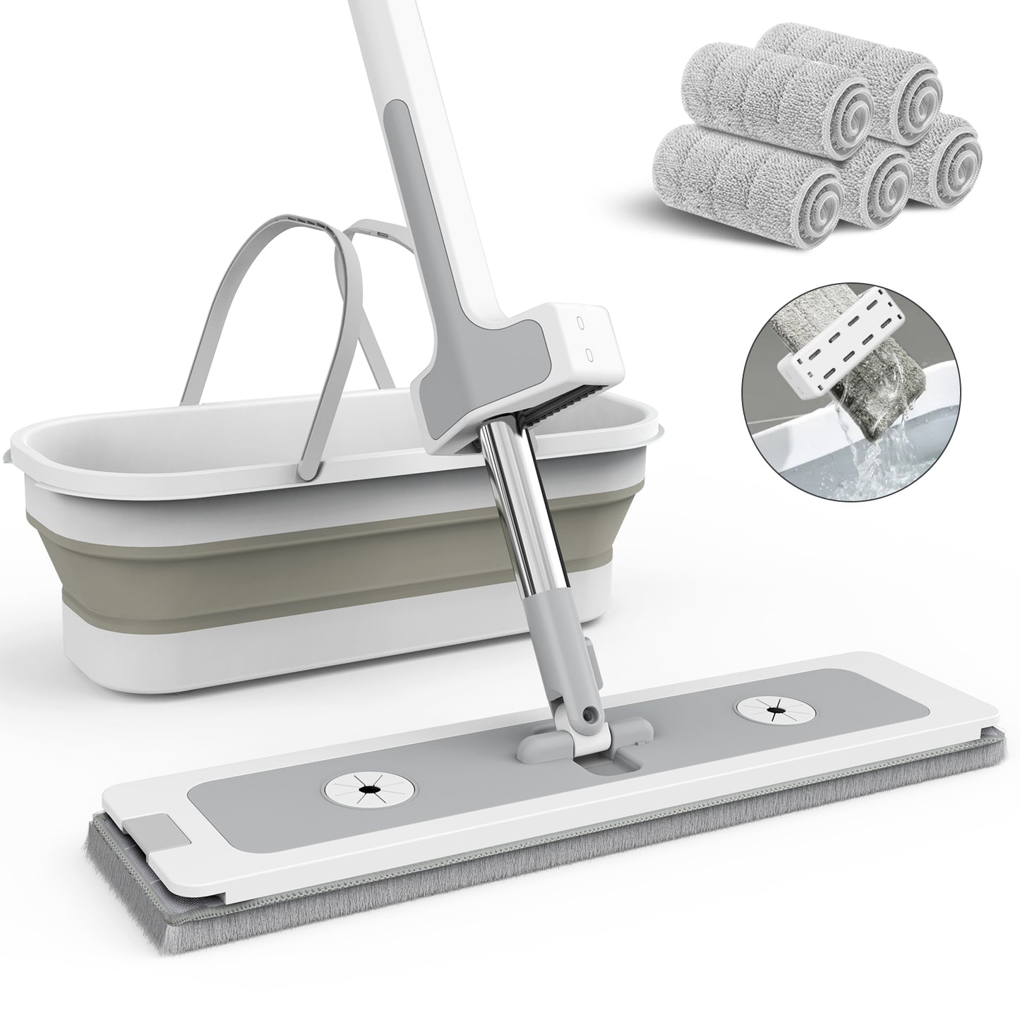 CSD02MPAB0000WT Flat Mop and Bucket with Self Wringer Set, Hand Free Mops and Foldable Bucket with Wheels and 5 Washable Microfiber Mop Pads, Wet and Dry Use, Floor Cleaning System All Floor Types and Windows