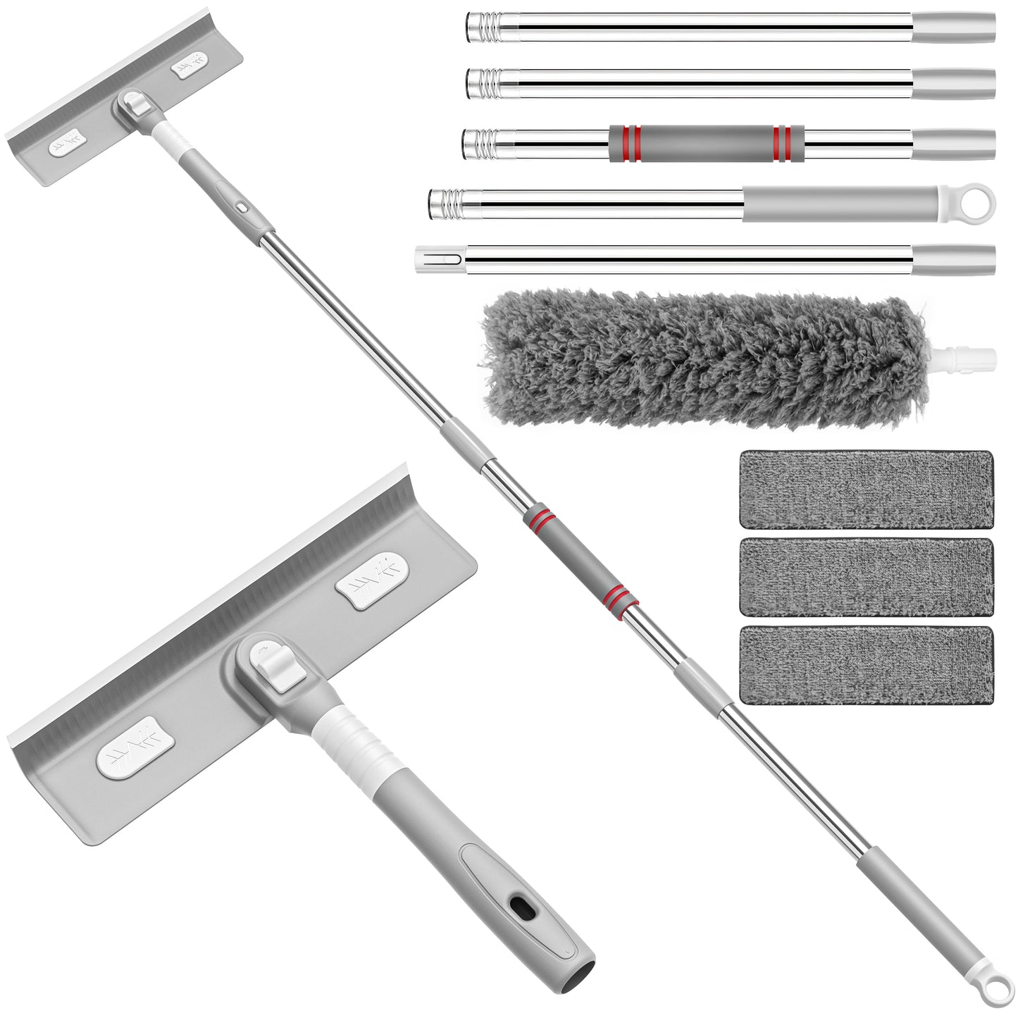 CSD01WDCK0000GY 67in Window Squeegee Cleaner, 4 in 1 Rotatable Glass Cleaning Tools with Silicon Squeegee & 3 Replaceable Microfiber Scrubber, Window Cleaning Kit for Shower Glass Mirror Door Car(Gray)