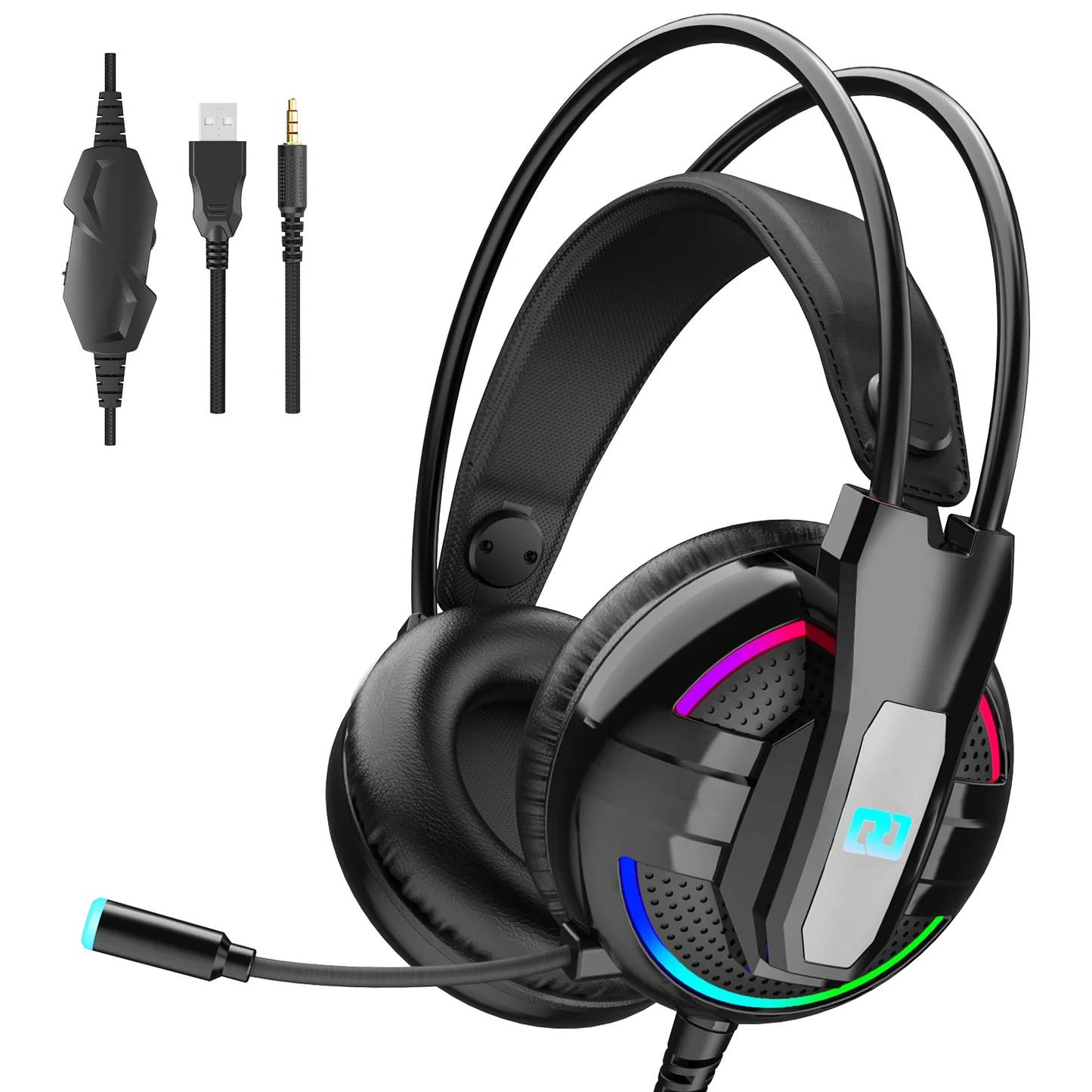 Gaming Headset for PC with 7.1 Surround Sound, Wired Gaming Headphones with Noise Cancelling Flexible Mic RGB Light Memory Earmuffs for Xbox Series X/S, PC, Mac, Laptop, Playstation CSD01GHA18000BK