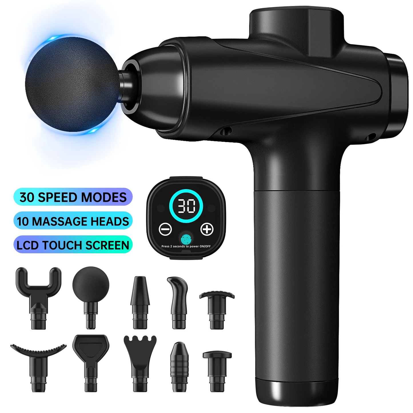 066 Deep Tissue Massage Gun, Fascia Gun for Body Pain Relief, 10 Replacement Heads, Impact Fascia Gun with 30 Speeds and LED Screen, Black CSDMG01B