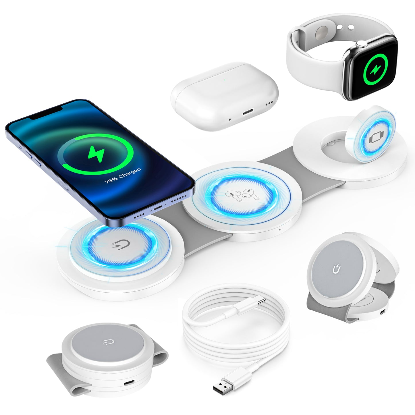 CSD02WLCGX546WT Magnetic Wireless Charger, 3 in 1 Charging Station for Apple Devices, 18W Foldable Mag-Safe Charger Stand for iPhone 15 14 13 12 Pro/Pro Max/Plus/Mini, AirPods 2/3/Pro, iWatch Ultra/9/8/7/SE/6/5/4/3/2