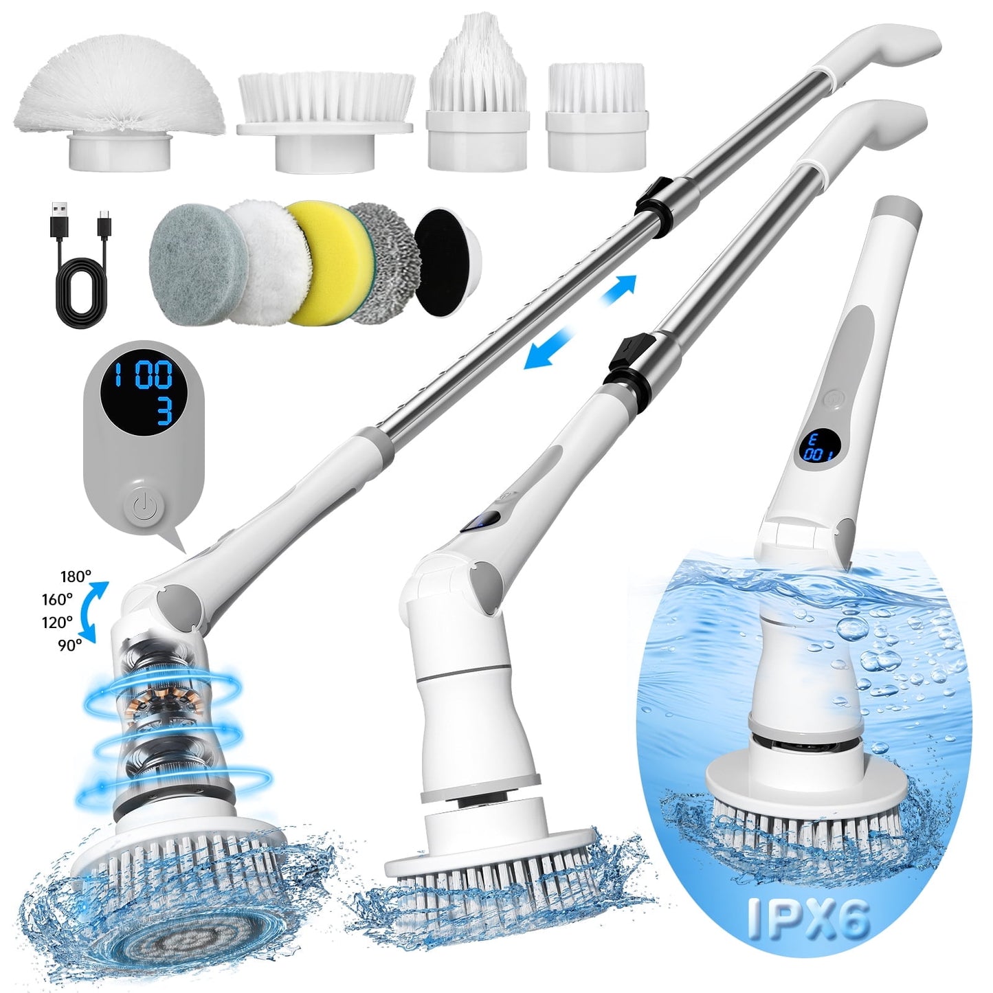 CSD02ESSB0000WH 3 Speed Electric Spin Scrubber with LED Display, Bathroom Cleaning Brush with 8 Replaceable Brush Heads, Cordless Shower Scrubber with 48" Extension Handle for Shower Bathtub Floor Tile Glass Car