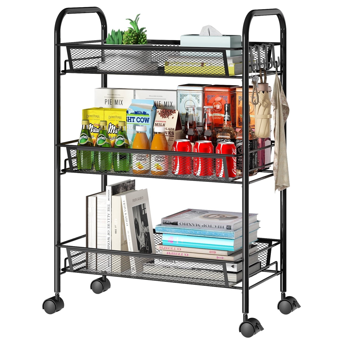 CSD51RSUC0000BK Slim Mesh Storage Cart 3 Tier, Bathroom Rolling Utility Cart Storage Organizer Slide Out Metal Cart, Mobile Rolling Cart Organizer for Office Bathroom Kitchen Laundry Room Narrow Places