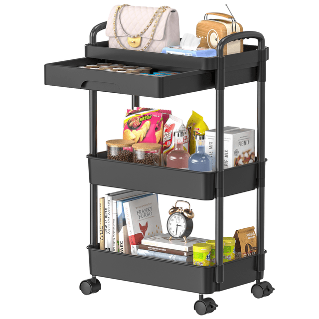 CSD53URCD0000BK 3 Tier Rolling Utility Cart with Drawer, Utility Storage Organizer with Plastic Shelf & Lockable Wheels, Storage Cart for Kitchen, Bathroom, Living Room, Office, Storage Shelves Organizer Cart, Black
