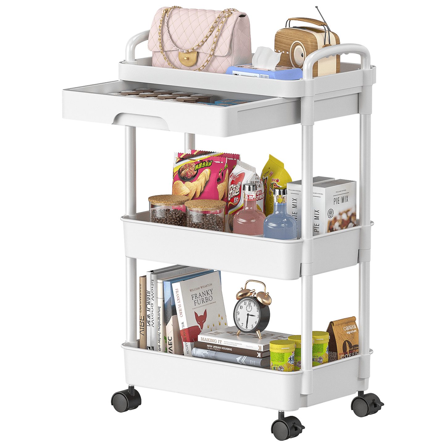 CSD53URCD0000WH 3 Tier Rolling Utility Cart with Drawer, Utility Storage Organizer with Plastic Shelf & Lockable Wheels, Storage Cart for Kitchen, Bathroom, Living Room, Office, Storage Shelves Organizer Cart
