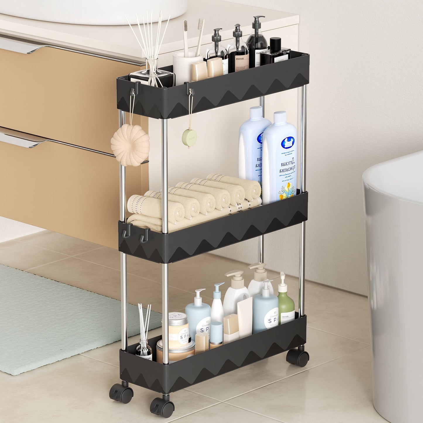 CSD01SRSC0000BK03 Slim Storage Cart 3 Tier Slim Cart, Bathroom Rolling Utility Cart Storage Organizer Slide Out Cart, Mobile Shelving Unit Organizer Trolley for Office Bathroom Kitchen Laundry Narrow Places, Black