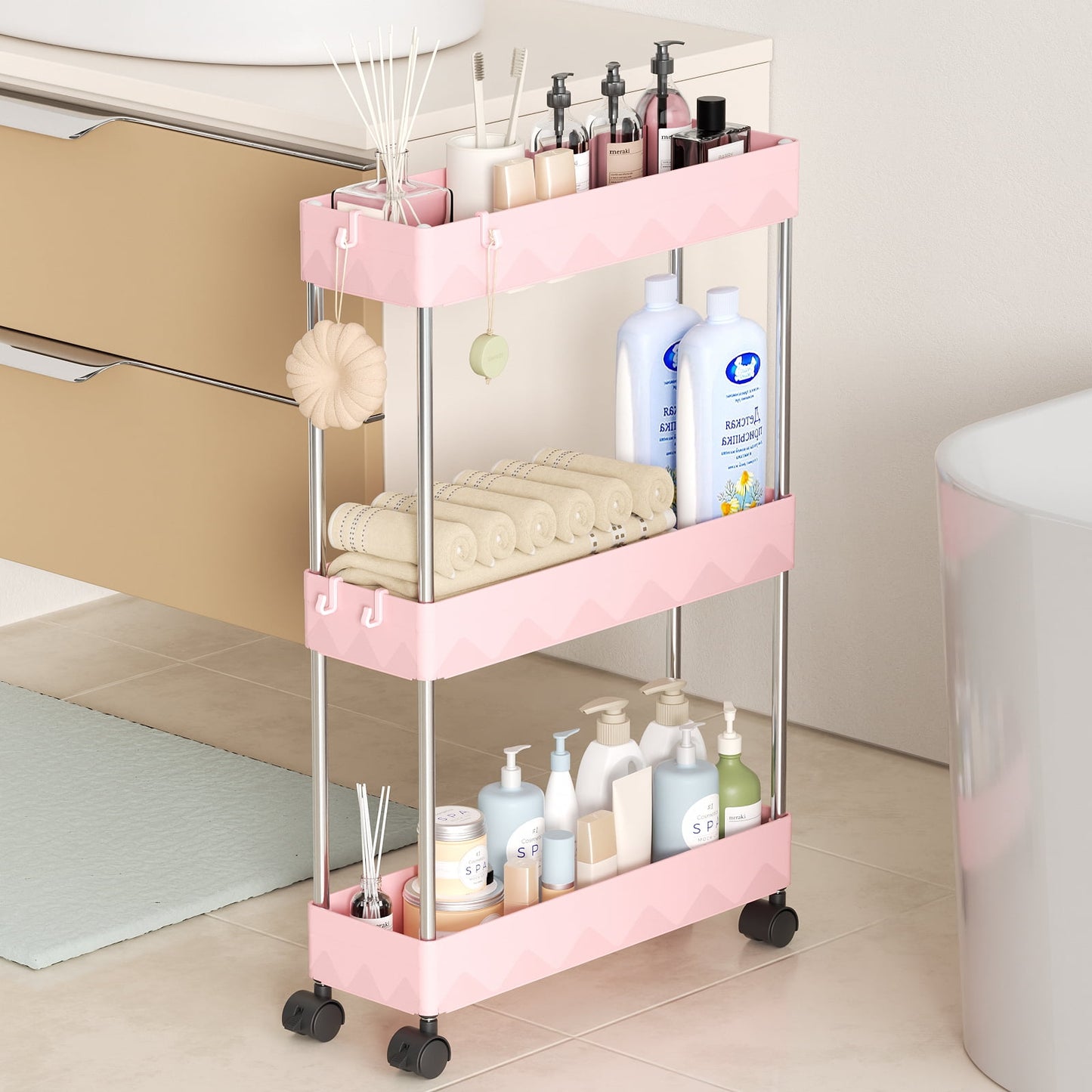 CSD01SRSC0000PK03 Slim Storage Cart 3 Tier Slim Cart, Bathroom Rolling Utility Cart Storage Organizer Slide Out Cart, Mobile Shelving Unit Organizer Trolley for Office Bathroom Kitchen Laundry Narrow Places