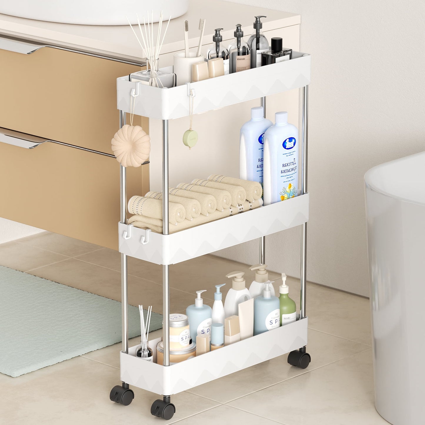CSD01SRSC0000WH03 Slim Storage Cart 3 Tier Slim Cart, Bathroom Rolling Utility Cart Storage Organizer Slide Out Cart, Mobile Shelving Unit Organizer Trolley for Office Bathroom Kitchen Laundry Narrow Places