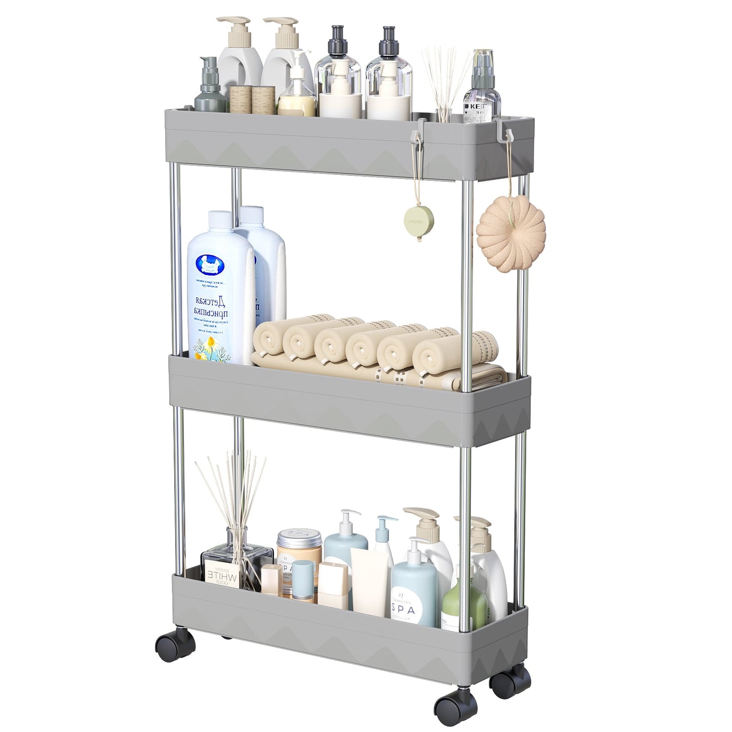 CSD02SRSC0000GY03 3 Tier Slim Rolling Storage Cart, Slim Cart Bathroom Storage Organizer Rolling Utility/ Mobile Shelving Unit Slide Out Storage Cart for Office, Bathroom, Kitchen, Laundry Room & Narrow Place