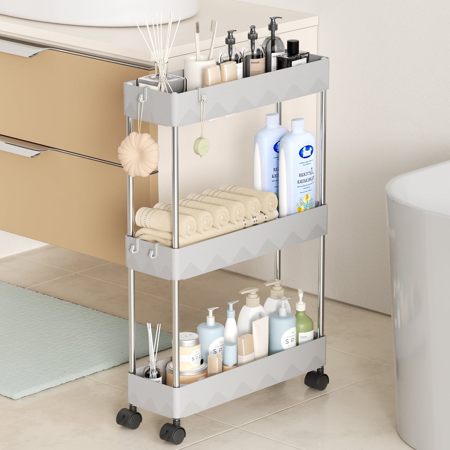CSD01SRSC0000GY03 Slim Storage Cart 3 Tier Slim Cart, Bathroom Rolling Utility Cart Storage Organizer Slide Out Cart, Mobile Shelving Unit Organizer Trolley for Office Bathroom Kitchen Laundry Narrow Places