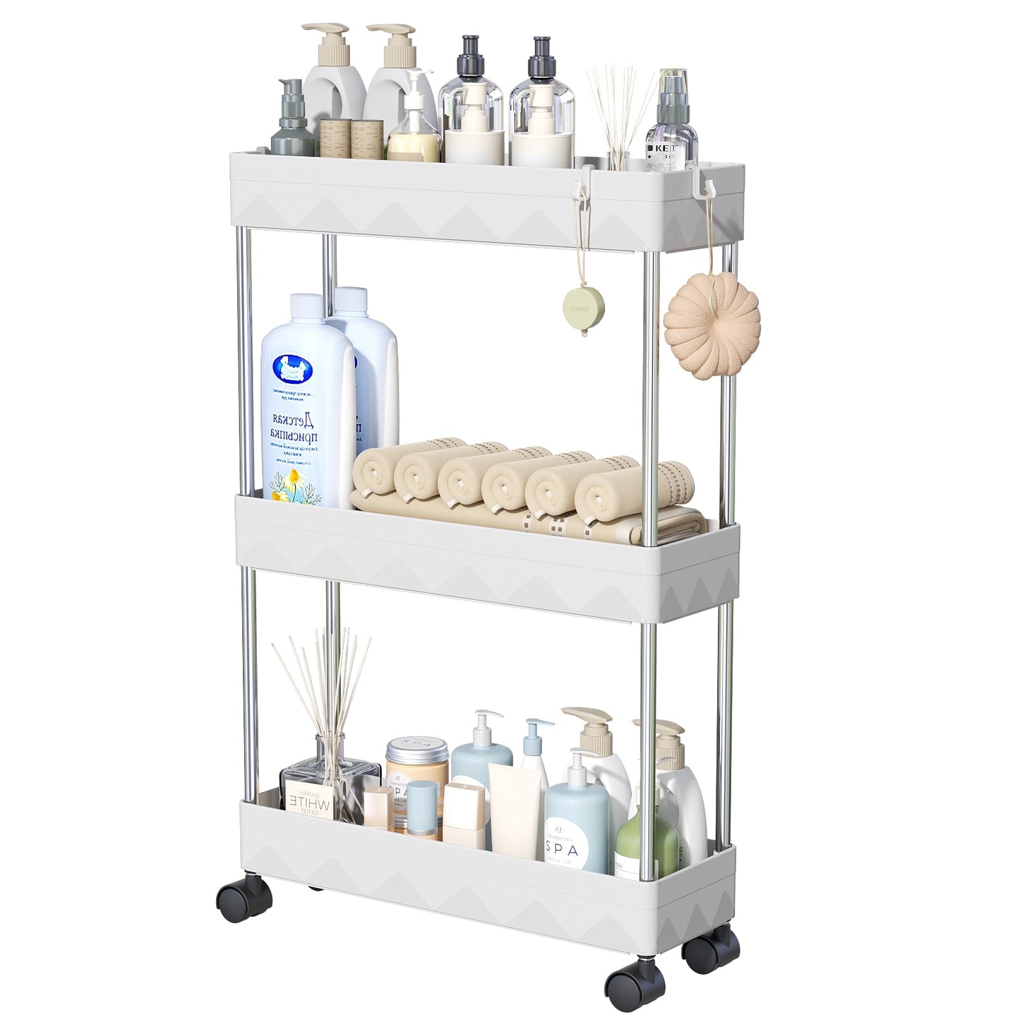 CSD02SRSC0000WH03 3 Tier Slim Rolling Storage Cart, Slim Cart Bathroom Storage Organizer Rolling Utility/ Mobile Shelving Unit Slide Out Storage Cart for Office, Bathroom, Kitchen, Laundry Room & Narrow Place