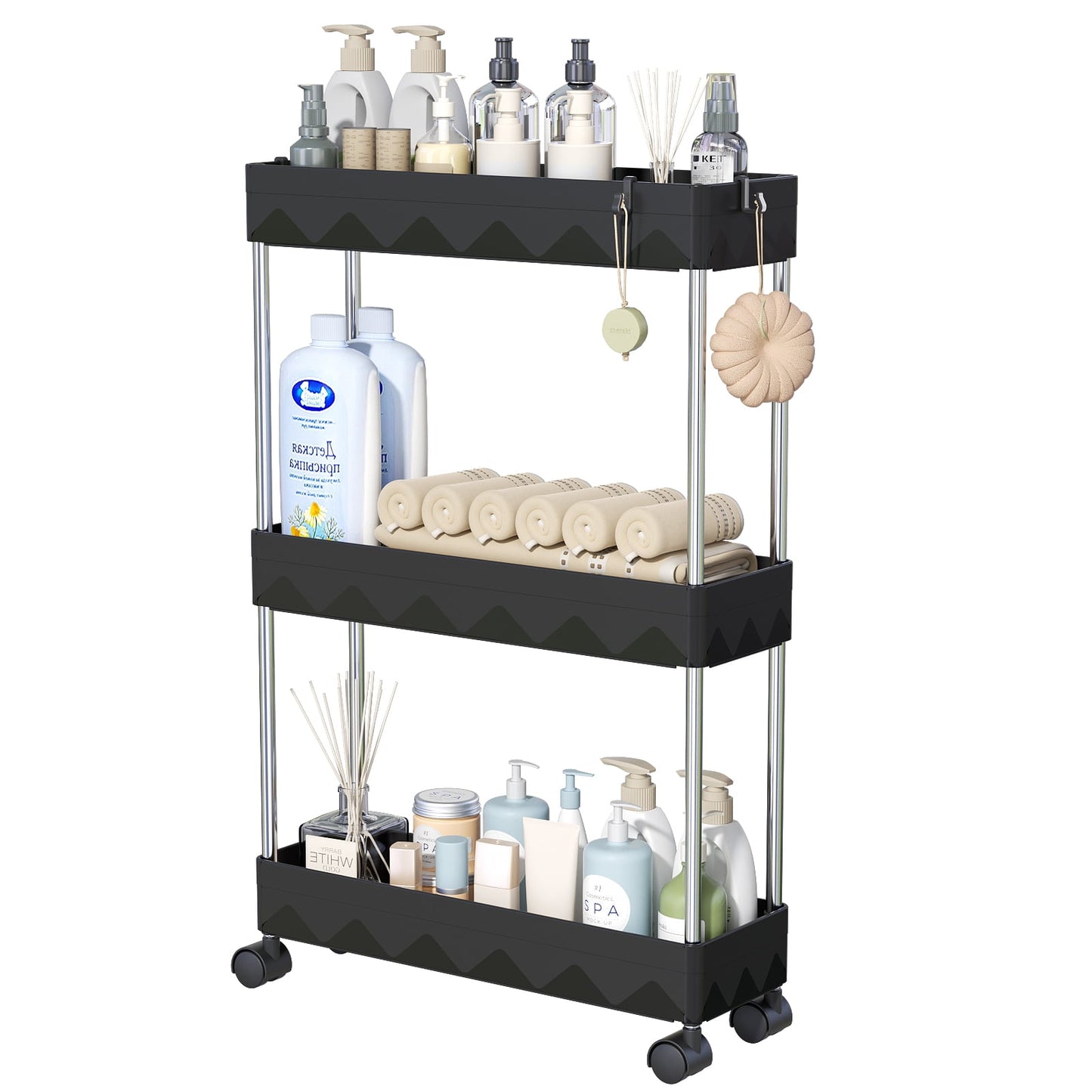 CSD02SRSC0000BK03 3 Tier Slim Rolling Storage Cart, Slim Cart Bathroom Storage Organizer Rolling Utility/ Mobile Shelving Unit Slide Out Storage Cart for Office, Bathroom, Kitchen, Laundry Room & Narrow Places, Black