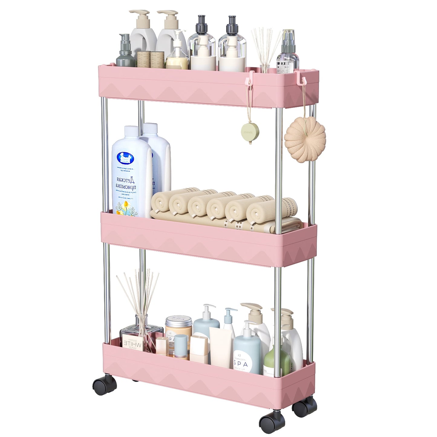 CSD02SRSC0000PK03 3 Tier Slim Rolling Storage Cart, Slim Cart Bathroom Storage Organizer Rolling Utility/ Mobile Shelving Unit Slide Out Storage Cart for Office, Bathroom, Kitchen, Laundry Room & Narrow Place